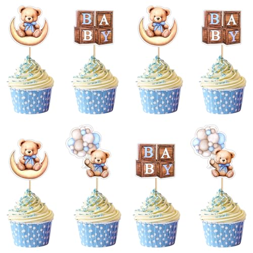 MILIAFLICK Cupcake Topper Baby Bär 13 Stück Junge Babyparty Kuchen Deko Blau Bären Cupcake Topper Gender Reveal Cake Toppers Junge Bear Tortendeko für Hochzeit Baby Shower Geburtstag Party Jungen von MILIAFLICK