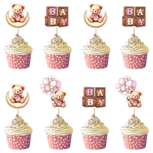 MILIAFLICK Babyparty Deko Mädchen Oh Baby Cake Topper Bär Tortendeko Babyparty Cupcake Deko Cake Topper Kuchen Dekoration Bär Gender Reveal Geburtstagstorte Kuchendekoration Baby Shower von MILIAFLICK