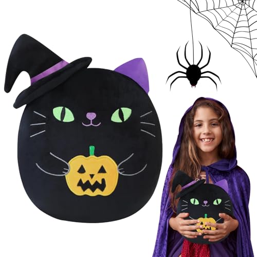 MILIAFLICK Halloween Plüsch Schwarze Katze Plüschtier mit Hexenhut Stofftier Kopfkissen Katzenform Cartoon Plüschkissen für Kinder Mädchen Jungen Geschenk für Geburtstag Halloween Weihnachten von MILIAFLICK