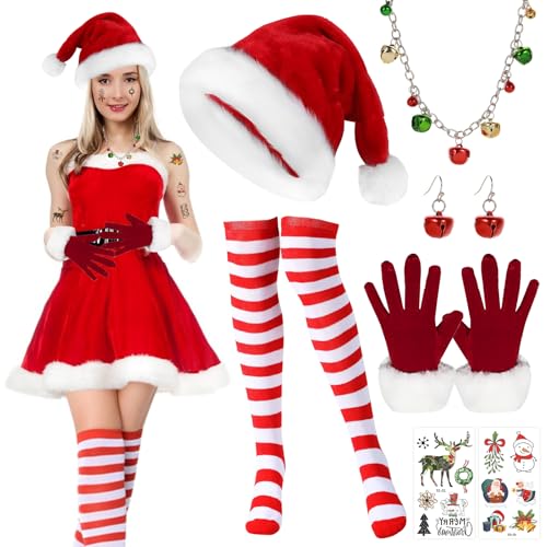 MILIAFLICK 7 Stück Weihnachtskostüm Damen Weihnachtsmann Kostüm Weihnachtsmütze Weihnachtsfrau Nikolausmütze Erwachsene Weihnachtsmann Mütze Weihnachtskostüme Weihnachtsstrümpfe von MILIAFLICK