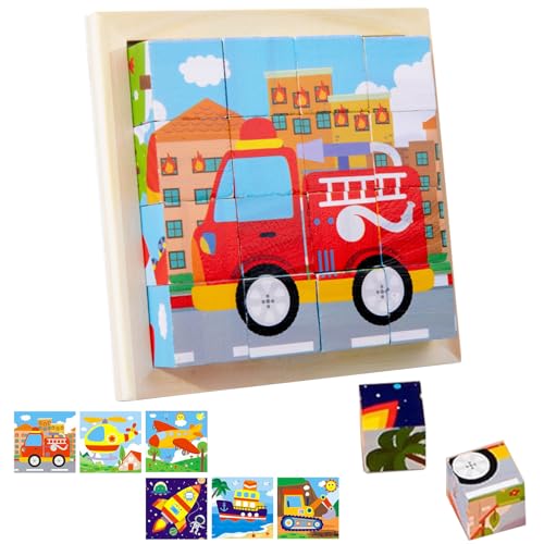 MILIAFLICK Bilderwürfel Holz Holzpuzzle 3D Würfelpuzzle Puzzlespieleab 2 Jahr Bilderwürfel Puzzle ab 1 2 3 Jahre Holzwürfel Puzzle ab 2 Jahr Würfel Holzpuzzle Montessori Spielzeug Auto Junge Mädchen von MILIAFLICK