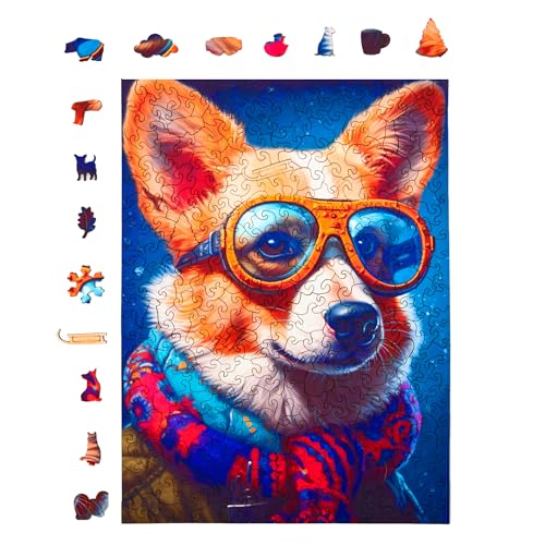 Milliwood Holzpuzzle - Colin Corgi Dog - 316 Teile - Puzzle Winter ab 10 Jahren - Mandala Puzzle für Erwachsene und Kinder - Jigsaw Puzzle aus Holz 27,5x37 cm - Puzzle Hund mit Holz Geschenkbox von MILLIWOOD