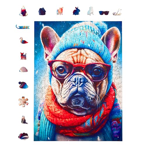 Milliwood Holzpuzzle - Gustav Grumpy Bulldog - 316 Teile - Puzzle Winter ab 10 Jahren - Mandala Puzzle für Erwachsene und Kinder - Jigsaw Puzzle aus Holz 27,5x37 cm - Puzzle Hund mit Holz Geschenkbox von MILLIWOOD