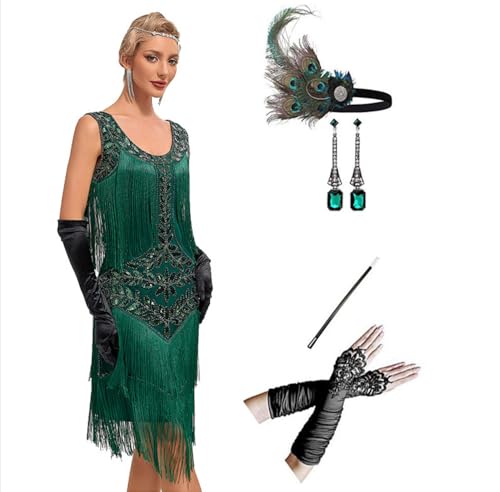 MIMIKRY 20er Jahre Flapper Damen Kostüm Grün Fransen-Kleid mit Pailletten und 4-tlg. Pfau Zubehör-Set, Größe:S MIMIKRY 20er Jahre Flapper Damen Kostüm Grün Fransen-Kleid mit Pailletten und 4-tlg. Pfau Zubehör-Set, Größe:S von MIMIKRY