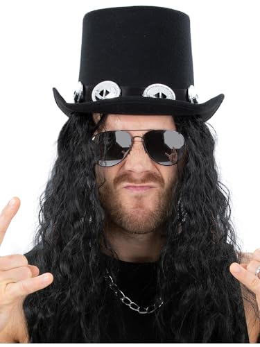 MIMIKRY 80er Jahre Rockstar Kostümzubehör-Set Rocker Zylinder Hut mit Haaren und Brille Heavy Metal von MIMIKRY