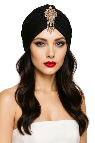 MIMIKRY Damen Samt Turban mit Zierornament Diva Hut 20er Jahre Flapper Wahrsagerin Oriantalin, Farbe:Schwarz von MIMIKRY