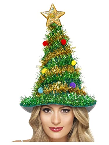 MIMIKRY Lustiger Weihnachtsbaum Hut Grün/Gold Lametta Kugeln Stern Weihnachtsmarkt Weihnachten Kostüm-Zubehör von MIMIKRY