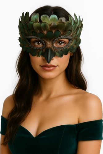 MIMIKRY Maske Pfau Rabe Krähe mit grün-blau schimmernden Federn Vogelmaske Maskenball Vogel Pfauenmaske Augenmaske von MIMIKRY