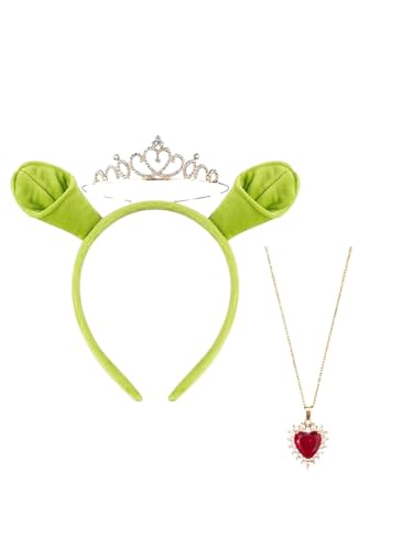 MIMIKRY Shrek Kostümzubehör-Set Fiona - Haarreif mit grünen Oger-Ohren Krone Kette - Accessoire-Set für Damen & Mädchen - Karneval, Fasching & Motto-Party von MIMIKRY