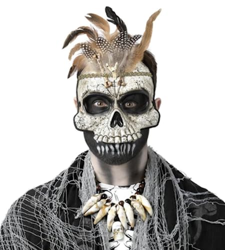 MIMIKRY Voodoo Totenkopf Maske mit Knochen und Federn Halloween Kopfschmuck von MIMIKRY