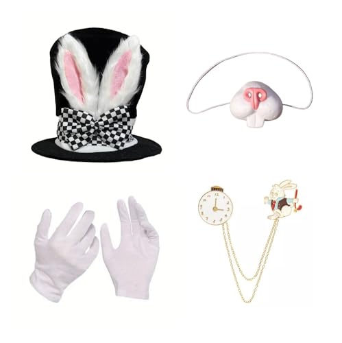MIMIKRY Zubehör Set Märzhase Zylinder-Hut mit Hasenohren und Schleife Handschuhe Mund Zähne Uhr Alice im Wunderland Hase Kaninchen-Ohren von MIMIKRY