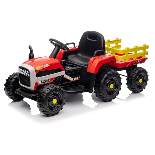 12V 3-Gang Traktor mit abnehmbarem Anhänger und 2,4G Fernbedienung, Kinder Aufsitztraktor mit LED Lichtern, Musik, Hupe & USB Funktionen, geeignet für Kinder ab 3 Jahren (Rot) von MINENICE