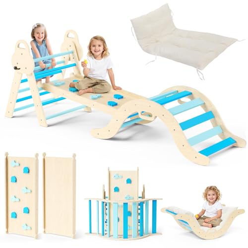 7-in-1 Montessori-Klettergerüst Set: Indoor-Kletterdreieck, Kletterbogen mit Kissen und Rutsche, Holzkletterspielzeug, Klettergerüst für 1-5 Jahre(3p-mit Schwammkissen-Blau) von MINENICE