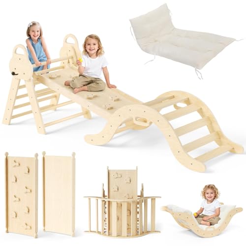7-in-1 Montessori-Klettergerüst Set: Indoor-Kletterdreieck, Kletterbogen mit Kissen und Rutsche, Holzkletterspielzeug, Klettergerüst für 1-5 Jahre von MINENICE