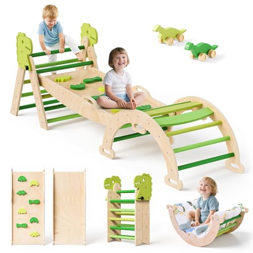 9-in-1 Klettergerüst Set mit Dinosaurier-Form: Indoor-Kletterdreieck, Kletterbogen mit Kissen, Rutsche und Dinosaurierauto, Holzkletterspielzeug, Klettergerüst für 1-6 Jahre von MINENICE
