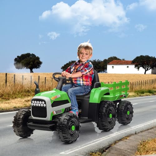 Kinder Elektroauto,12-V-Elektrofahrzeuge für Kinder mit Elternsteuerung, Aufsitzspielzeug für Kleinkinder mit Musik, Bluetooth, Vierradfederung, USB, Scheinwerfern (Bauernkarren-grün) von MINENICE