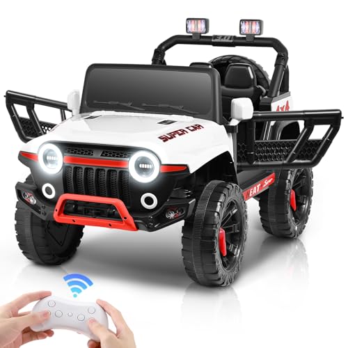 Kinder Elektroauto 12V, Elektroauto für Kinder mit 2,4G Fernbedienung, LED, Bluetooth, Musik, 3-5 km/h, Kinderauto Elektrisch, Elektro Kinderauto für Alter 3 bis 8 (Weiß) von MINENICE