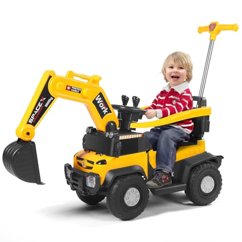Kinder Elektroauto 12V, Sitzbaggermit Schiebstange LED-Licht,Musiksystem, 360° Rundumschutz Elektroauto, Elektrisches Rutschauto Schaufelbagger, Aufsitzbagger für Kinder ab 18 Monaten von MINENICE