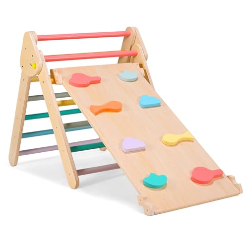 Kinder Klettergerüst Holz Indoor, 2in1 Klettergerüst Set mit Dreiecksklettergerüst und doppelseitiger Rutsche, 8 Kletterbretter mit glatter Oberfläche, Kinder Kletterspielzeug, Regenbogen Kinder Klettergerüst Holz Indoor, 2in1 Klettergerüst Set mit Dreiecksklettergerüst und doppelseitiger Rutsche, 8 Kletterbretter mit glatter Oberfläche, Kinder Kletterspielzeug, Regenbogen von MINENICE