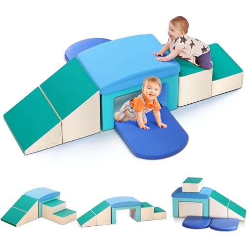 MINENICE 6 Stück Motorik Baby aus Schaumstoff mit Tasche, Motorikmodul für Babys mit Klettergerüsten & Hakenverschlüssen, Lernspielzeug zum Krabbeln Klettern (blau) von MINENICE