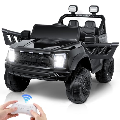 MINENICE Elektroauto für Kinder, 12 V, mit Fernbedienung, 2,4 G, maximale Tragfähigkeit 50 kg, Fahrzeuge mit LED-Lichtern, Musik, Hupe, USB-Funktionen (Schwarz – Doppelsitz) von MINENICE