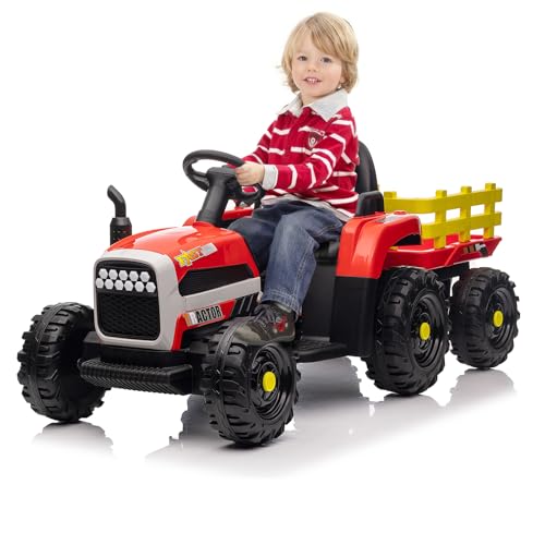 MINENICE Elektrotraktor für Kinder, Elektrotraktor mit Anhänger, Hinterradantrieb, 11 LED-Leuchten, 12 V Akku, Fernbedienung, Tragkraft 50 kg, Geschwindigkeit 3-5 km/h (Rot) von MINENICE