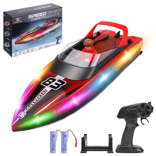 MINENICE Ferngesteuertes Boot mit LED-Licht, 2,4-GHz RC Boot1 für 15km/h,Boott ferngesteuertt für kinderPoolspielzeuge, Motorboot ferngesteuert als Geschenke für Jungen Mädchen (Rot) von MINENICE