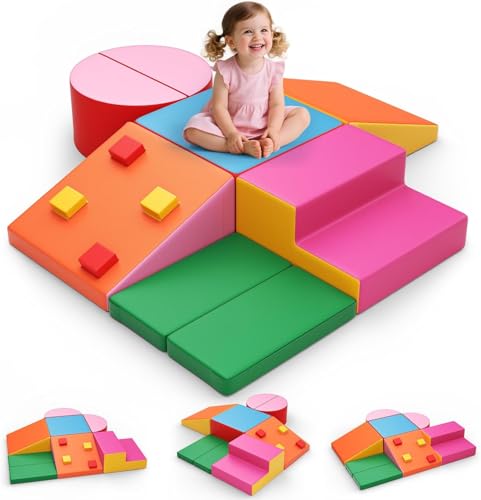MINENICE Kinder Schaumstoff bausteine, Softbausteine Klettern Kinder Montessori Spielzeug Indoor-Spaß, Riesenbausteine zum Klettern & Toben (Siebenteiliges Set - Schwamm + Lederetui - Farbe) von MINENICE
