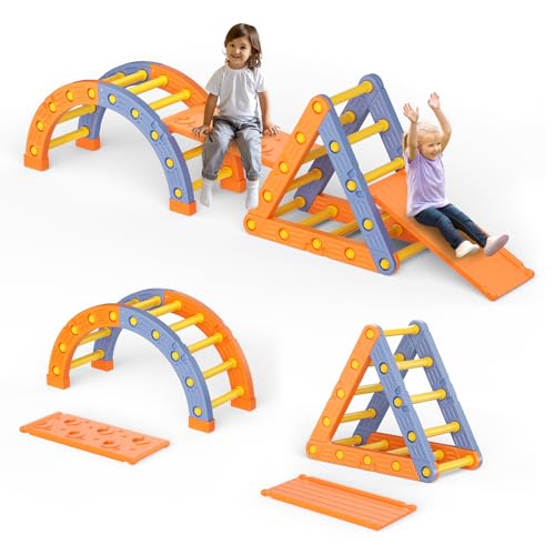 MINENICE Montessori Klettergerüst Set, Indoor Kletterdreieck mit Dreieckiges Klettergerüst,Halbkreis, Leiter,Rutsche aus Kunststoff Kletterturnhalle für Babys (Orangeblau 005) von MINENICE