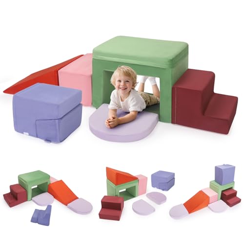 MINENICE Soft Play Schaumstoff Bausteine Kinder,Softbausteine Klettern Riesenbausteine,Kletterspielzeug für Kleinkinder von 1–3 Jahren (7-teiliges Set + Klappsitz) von MINENICE