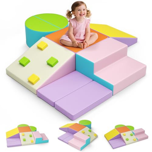 MINENICE Soft Play Schaumstoff Bausteine Kinder,Softbausteine Klettern Riesenbausteine,Kletterspielzeug für Kleinkinder von 1–3 Jahren (7pcs Macaron-Leder) von MINENICE