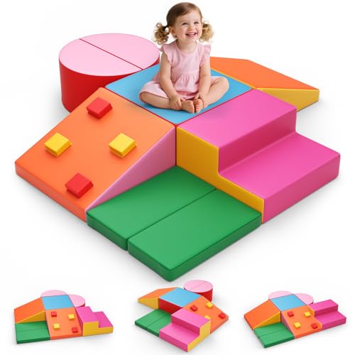MINENICE Soft Play Schaumstoff Bausteine Kinder,Softbausteine Klettern Riesenbausteine,Kletterspielzeug für Kleinkinder von 1–3 Jahren (7pcs buntes Leder) von MINENICE