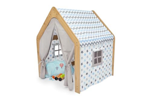 MINERA Montessori Spielhaus aus Holz – Indoor Spielzelt für Kinder – Natürliches Design mit Stoffbezug – Perfekt fürs Kinderzimmer (Natürlich/Weiß/Blau) von MINERA