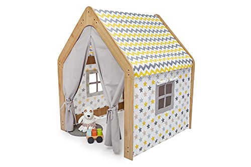 MINERA Montessori Spielhaus aus Holz – Indoor Spielzelt für Kinder – Natürliches Design mit Stoffbezug – Perfekt fürs Kinderzimmer (Natürlich/Weiß/Gelb) von MINERA