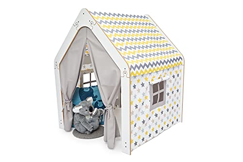 MINERA Montessori Spielhaus aus Holz – Indoor Spielzelt für Kinder – Natürliches Design mit Stoffbezug – Perfekt fürs Kinderzimmer (Weiß/Weiß/Gelb) von MINERA