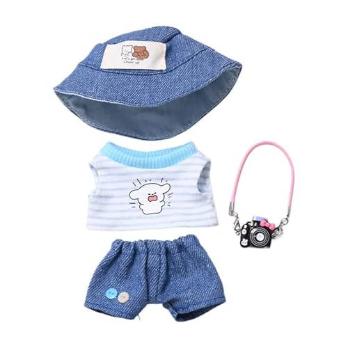 15 cm - 17 cm Puppenkleidung, geeignet für Labubu, 17 cm, 15 cm, Puppenzubehör, sitzend, keine Puppe, Kleidung, 1 Hut + 1 blaues Hemd + 1 Hose + 1 Kamera 15 cm - 17 cm Puppenkleidung, geeignet für Labubu, 17 cm, 15 cm, Puppenzubehör, sitzend, keine Puppe, Kleidung, 1 Hut + 1 blaues Hemd + 1 Hose + 1 Kamera von MINGSOLDIER