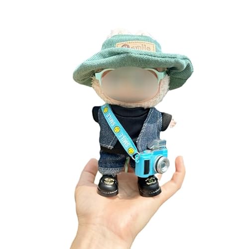 17 cm Puppenkleidung, geeignet für 17 cm große Labubu-Puppen, Zubehör, sitzend, 1 Hut, 1 Schuhe, 2 Top, 1 Glas, 1 Kamera, 1 Hose, keine Puppe von MINGSOLDIER
