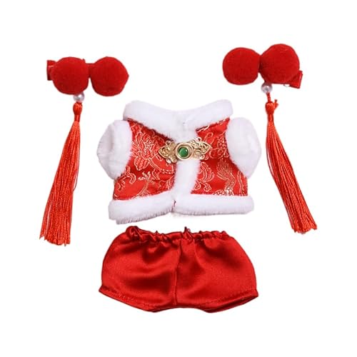Baumwoll-Puppen-Kleidungsset für 16 cm große Luky Cat Puppen, Zubehör Anzug 2Haarnadel + 1 Oberteil + 1 Hose, rot, Set ohne Puppe von MINGSOLDIER
