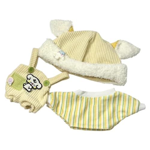 Baumwoll-Puppen-Kleidungsset für 20 cm Plüschpuppen, Zubehör-Anzug, Gelb, Set 1 Hut + 1 Strampler + 1 T-Shirt ohne Puppe von MINGSOLDIER