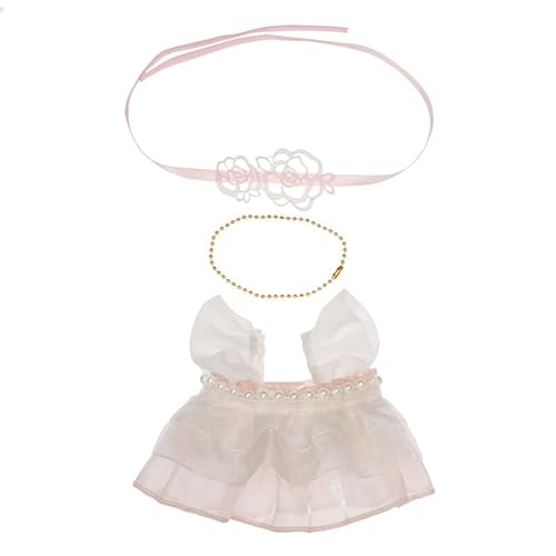 Baumwoll-Puppen-Kleidungsset für 20 cm Plüschpuppen, Zubehör Anzug 1 Kopfschmuck + 1 rosa Kleid + 1 Halskette ohne Puppe von MINGSOLDIER
