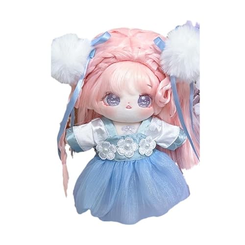 Baumwoll-Puppen-Kleidungsset für 20 cm Plüschpuppen, Zubehör Anzug 1 Oberteil + 1 Kleid + 2 Haarnadel + 1 Schuhe, Blau, Set ohne Puppe von MINGSOLDIER