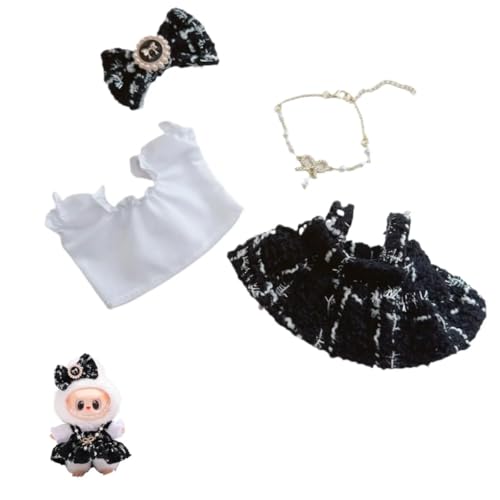 Labubu-Puppen-Kleidungs-Set für 17 cm große Labubu-Zubehör, Anzug für keine Puppe, 1 Hemd + 1 Schleife + 1 Kleid + 1 Halskette (schwarzes Urban Dress 4-teiliges Set) von MINGSOLDIER
