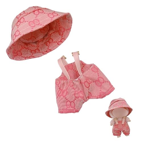 15 cm - 17 cm Puppenkleidung, geeignet für Labubu, 17 cm, 15 cm, Puppenzubehör, sitzend, keine Puppe, Kleidung (rosa Overall, 2-teiliges Set) von MINGSOLDIER