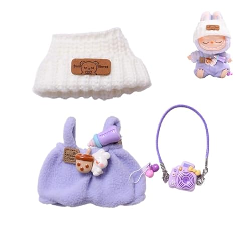 Labubu-Puppen-Kleidungs-Set für 17 cm große Labubu-Zubehör, Anzug für keine Puppe, nur Kleidung, 1 Hut + 1 Overall + 1 Kamera (lilafarbene Flaschen-Overalls, 3-teiliges Set) von MINGSOLDIER