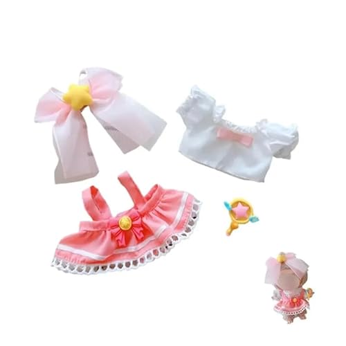 Labubu-Puppen-Kleidungs-Set für 17 cm große Labubu-Zubehör, Anzug für keine Puppe, nur Kleidung, 1 Overall + 1 Hemd + 1 Schuhe (rosa, altersreduzierendes Kleid, 4-teiliges Set) von MINGSOLDIER