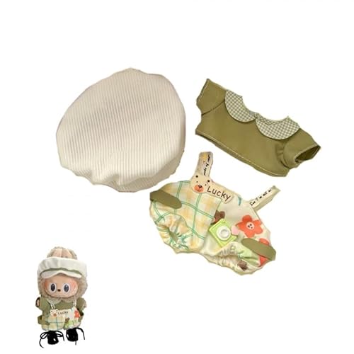 Labubu-Puppen-Kleidungs-Set für 17 cm große Labubu-Zubehör, Anzug für keine Puppe, nur Kleidung (grüner Landhausstil, 3-teiliges Set) von MINGSOLDIER