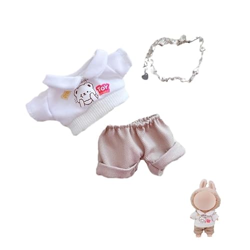 Labubu-Puppen-Kleidungs-Set für 17 cm große Labubu-Zubehör, Anzug ohne Puppe, 1 Hemd + 1 Hose + 1 Halskette (weißer Bär, kurzärmelig, 3-teiliges Set) von MINGSOLDIER