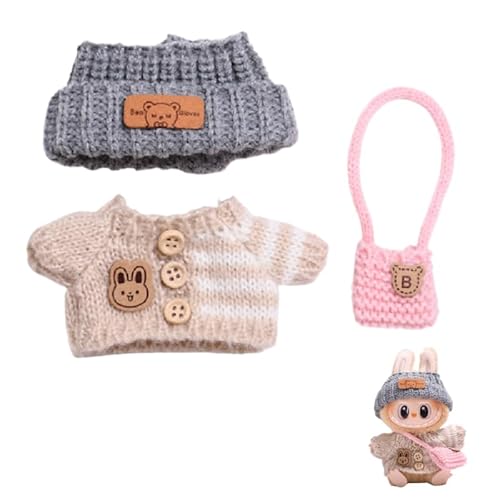 Labubu-Puppen-Kleidungs-Set für 17 cm große Labubu-Zubehör, Anzug ohne Puppe, 1 Hut + 1 Pullover + 1 Tasche (brauner Knopf-Pullover, 3-teiliges Set) von MINGSOLDIER