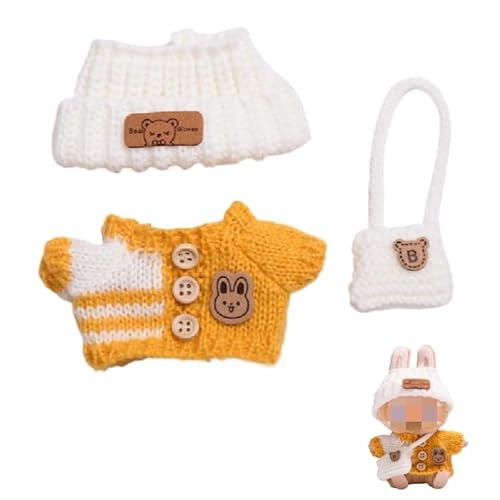 Labubu-Puppen-Kleidungs-Set für 17 cm große Labubu-Zubehör, Anzug ohne Puppe, 1 Hut + 1 Pullover + 1 Tasche (gelber Knopf-Pullover, 3-teiliges Set) von MINGSOLDIER