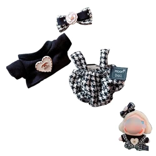 Labubu-Puppen-Kleidungs-Set für 17 cm große Labubu-Zubehör, Anzug ohne Puppe, 1 Overall + 1 Hemd + 1 Schuhe (karierter Overall, 3-teiliges Set) von MINGSOLDIER